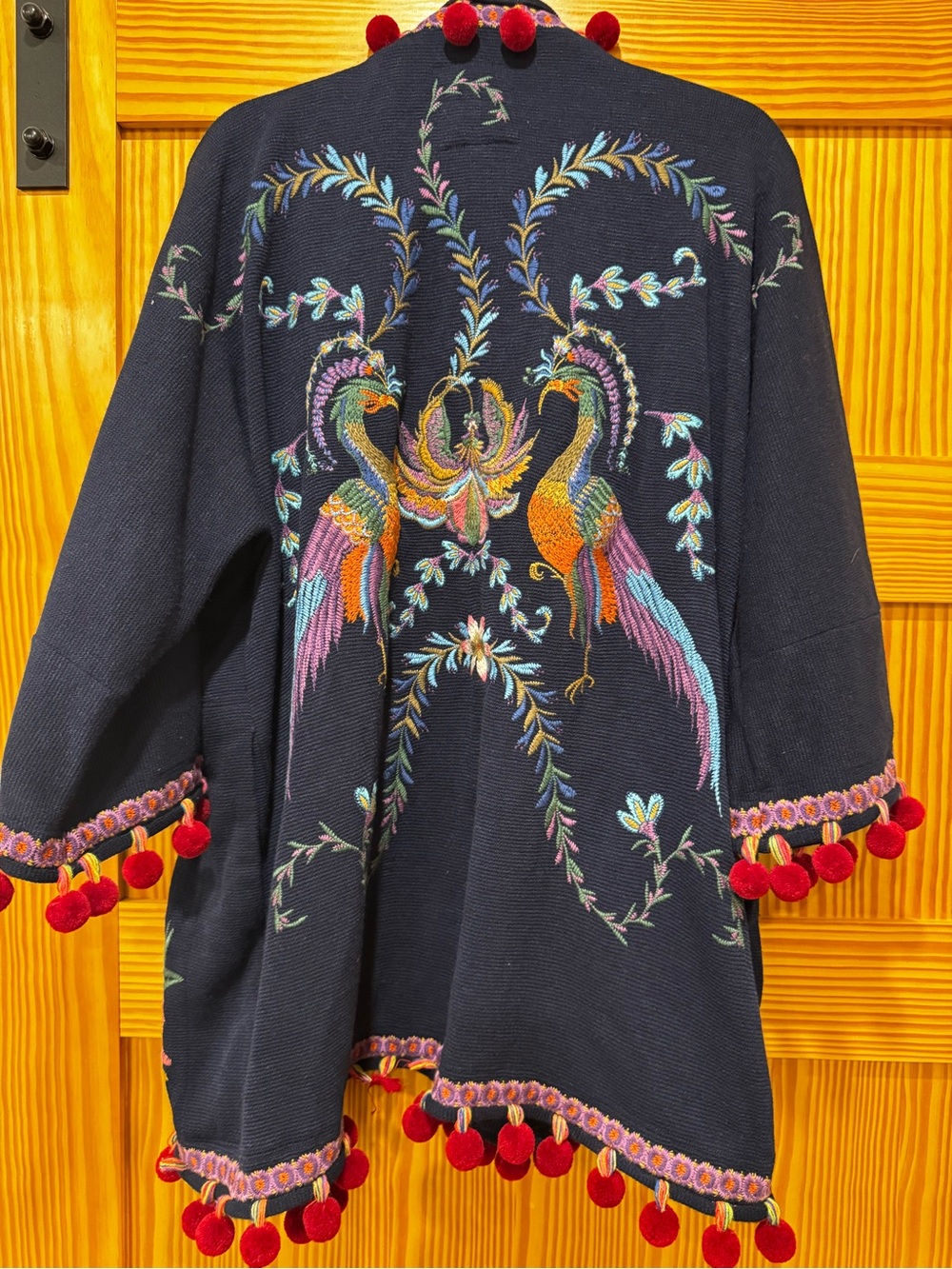 Johnny Was Navy Embroidered Kimono Cardigan with Red Pom Accents - Picture 9 of 11